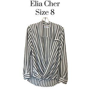 Elia Cher Women’s Black White Striped Draped Blouse Long Sleeve Wrap Front sz 8